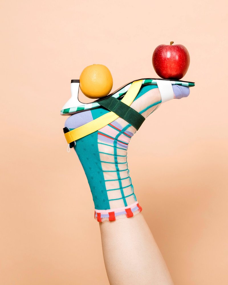 几何系列 | 一抹绿 -【台湾制】点点格子透纱中筒袜 - 袜子 - 尼龙 多色