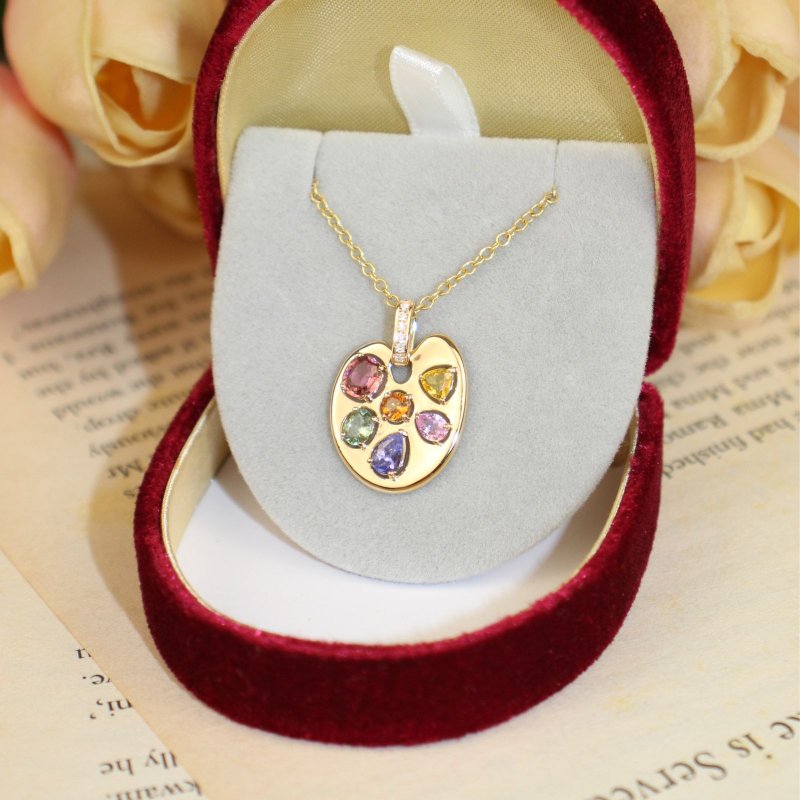 18K金 彩色宝石调色板项链 吊坠 碧玺 丹泉石 彩色蓝宝石 刚玉 - 项链 - 贵金属 多色