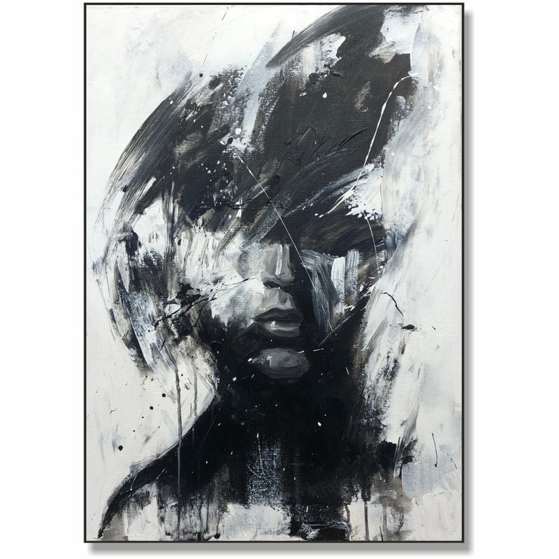 原创女性画布绘画 黑白女性肖像 现代艺术品 - 墙贴/壁贴 - 压克力 黑色
