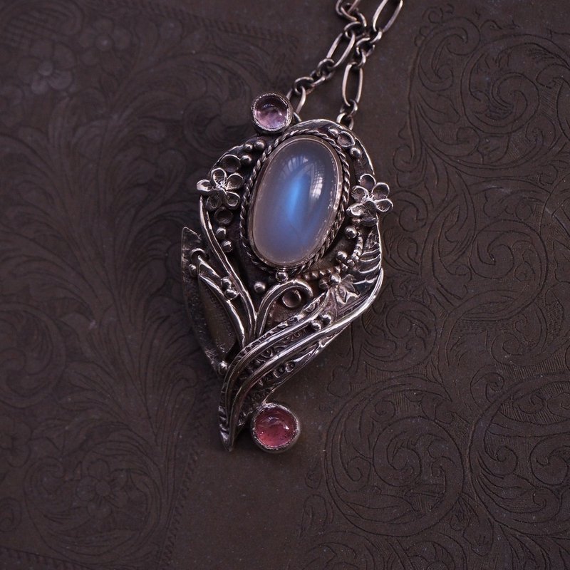 天然蓝晕月光石 碧玺 法国玫瑰紫水晶 纯银 造型坠子项链 - 项链 - 半宝石 蓝色