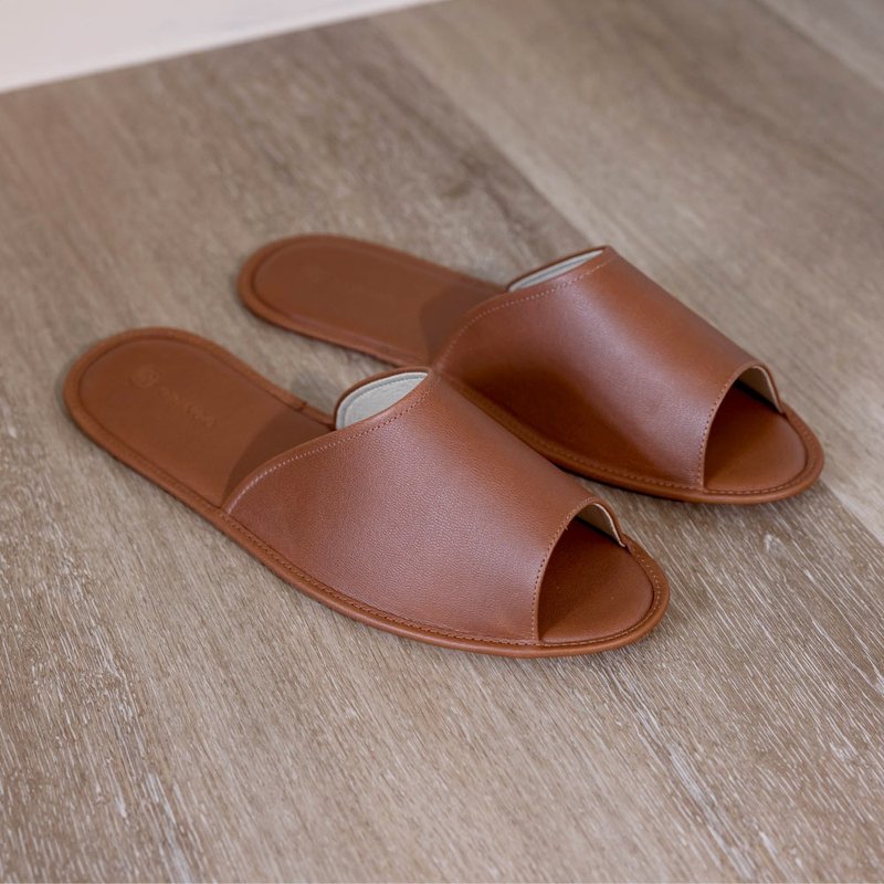 牛皮开口胶底室内拖鞋-可可咖 - 室内拖鞋 - 真皮 咖啡色