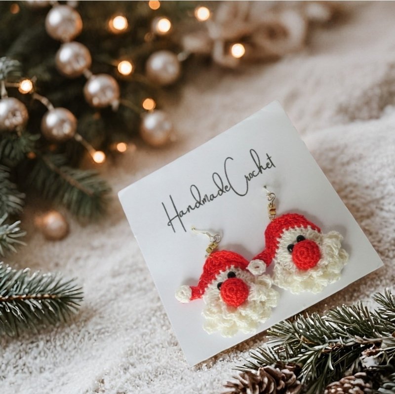 微鈎圣诞老人耳环 - 耳环/耳夹 - 棉．麻 红色