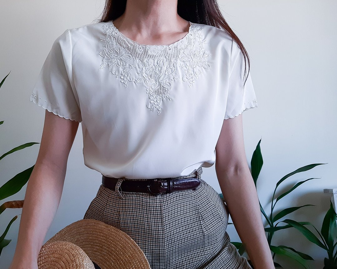 复古 70 年代象牙白手工刺绣衬衫纽扣衬衫中式衬衫 - 女装衬衫 - 聚酯纤维 白色