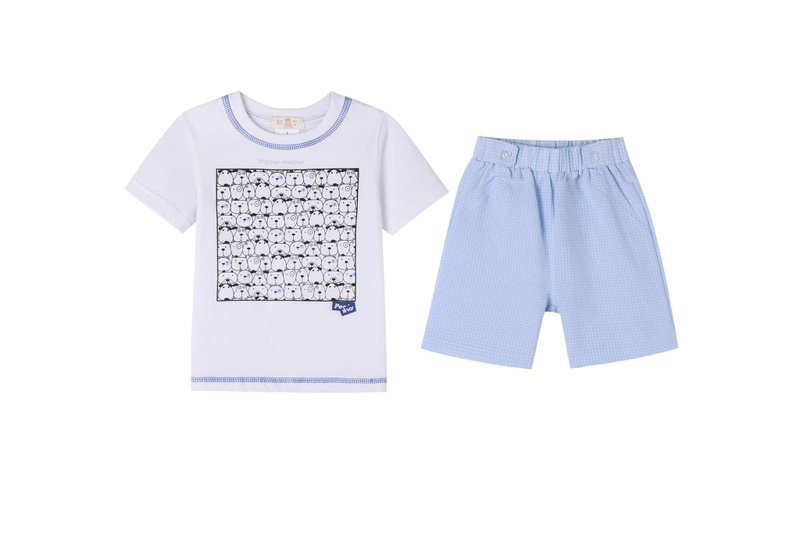 小男孩 夏日短袖短裤 套装,简约风格 - 童装上衣 - 棉．麻 蓝色