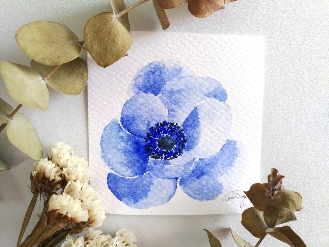 紫色银莲花水彩花草插画 礼物小卡片 (原画) - 卡片/明信片 - 纸 蓝色