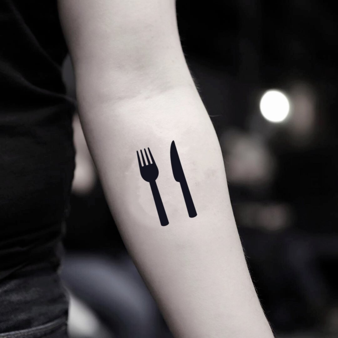 OhMyTat 叉子刀餐具 Fork Knife 刺青图案纹身贴纸 (4 张) - 纹身贴 - 纸 黑色