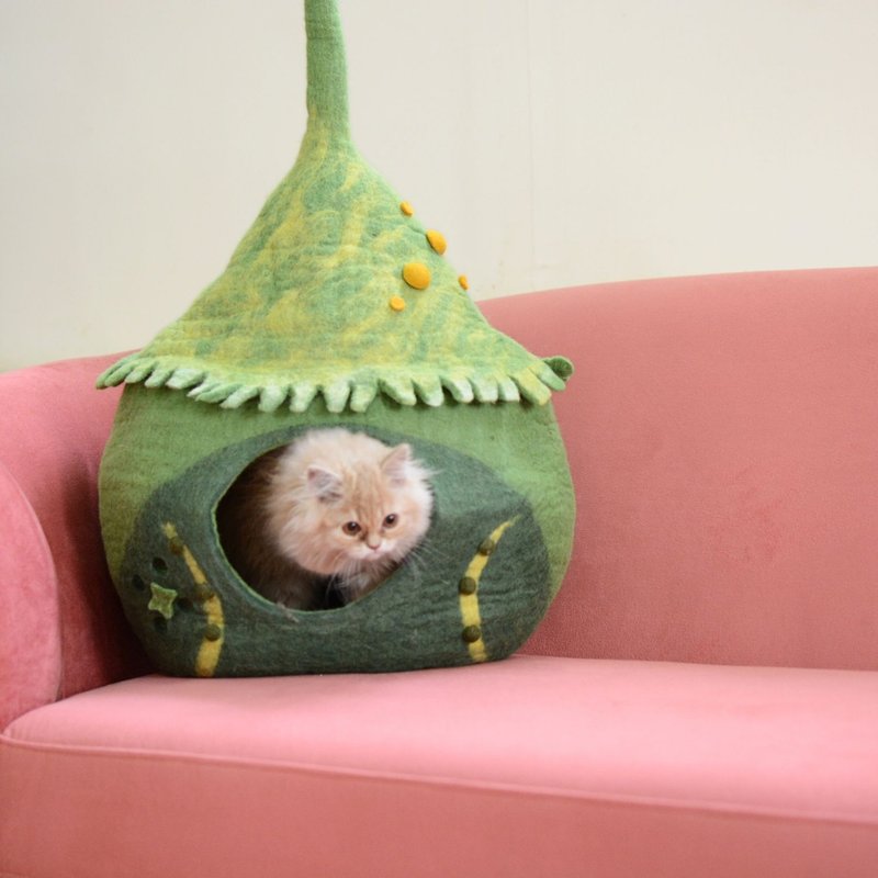 手工绿色羊毛毡猫窝  羊毛猫屋  宠物小屋  毡制猫床  猫咪篮 - 床垫/笼子 - 羊毛 绿色