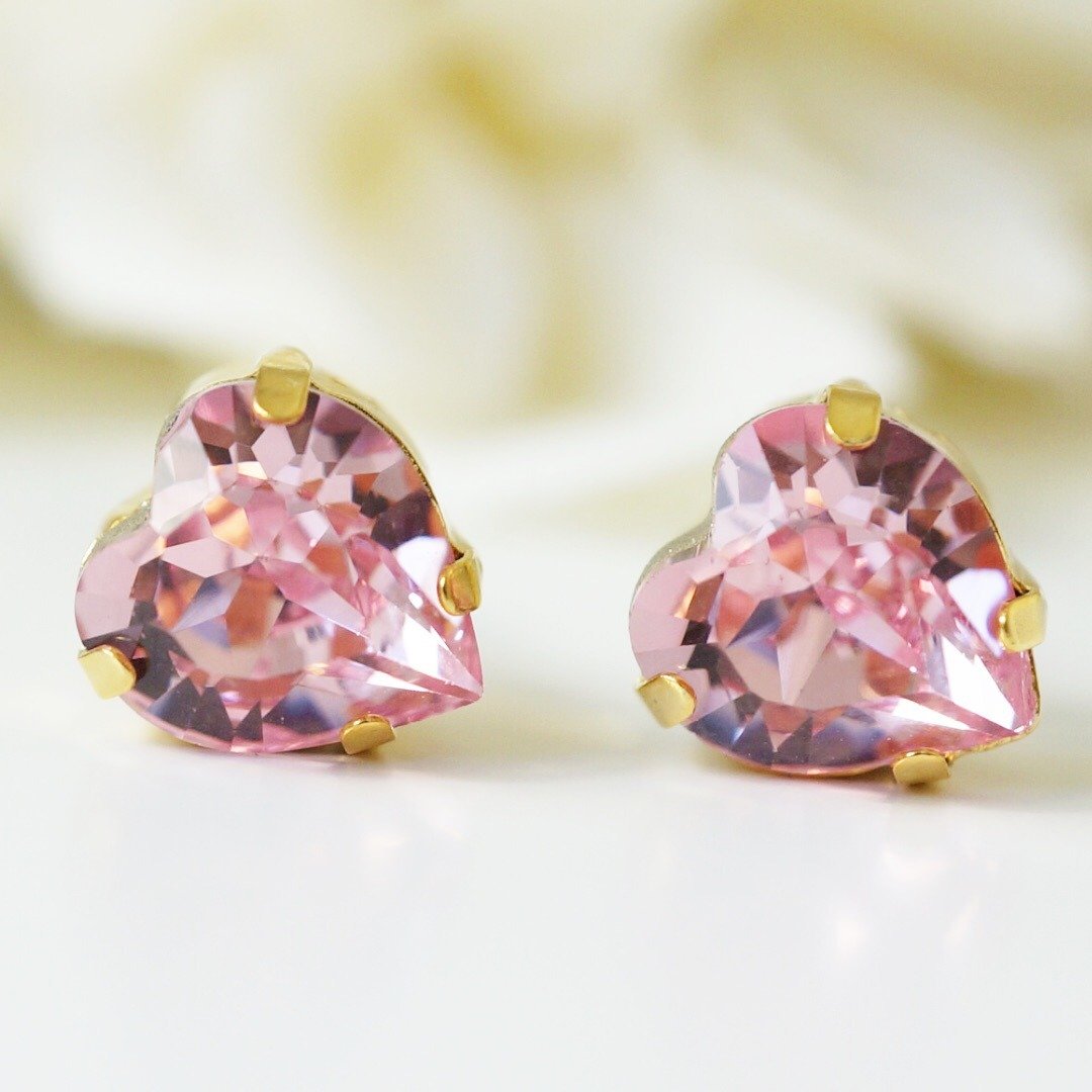[14kgf] swarovski heart earring - 耳环/耳夹 - 其他金属 粉红色