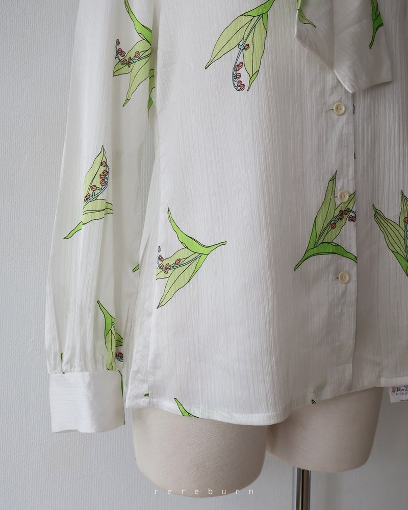 日本制80s复古印花长袖白色古着衬衫 - 女装衬衫 - 聚酯纤维 白色