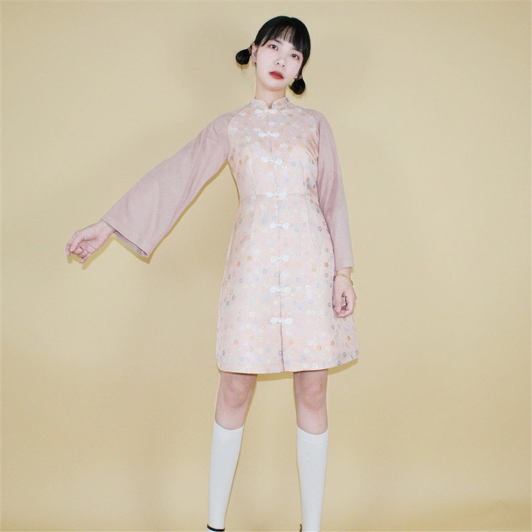 粉色 2色 兔子印花民國風少女洋裝 新中式中秋春節風改良旗袍 - 旗袍 - 其他人造纤维 粉红色