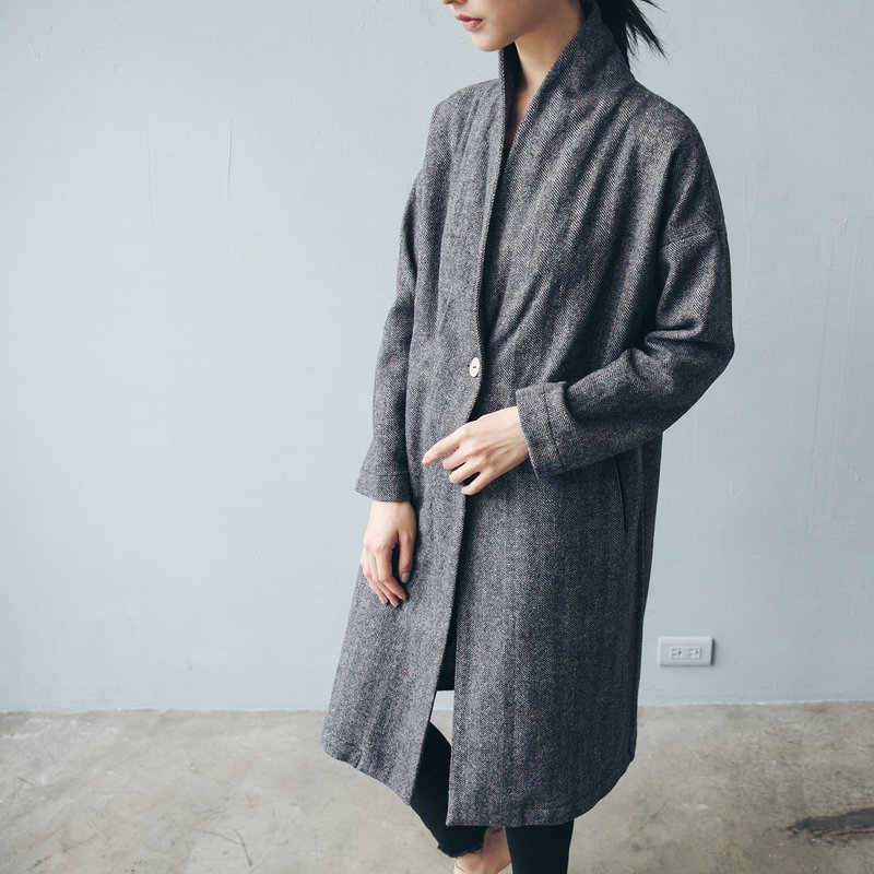 单扣长版大衣 - 人字毛料 - 女装休闲/机能外套 - 羊毛 灰色
