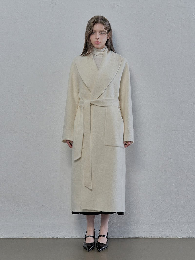 宽松羊毛披肩领手工长版大衣 - Cream / Dark gray - 女装休闲/机能外套 - 其他材质 白色