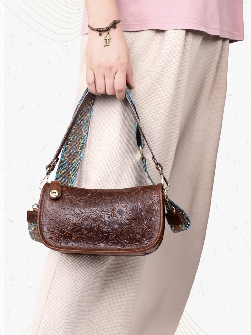 手工牛皮腋下包 简约真皮半月型侧背包 法棍包 手提包 - 侧背包/斜挎包 - 真皮 咖啡色