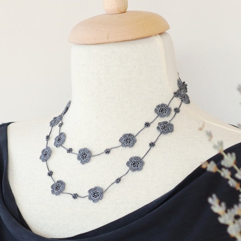 【玛丽】炭灰色 90cm 蕾丝编织长项链 - 项链 - 绣线 灰色