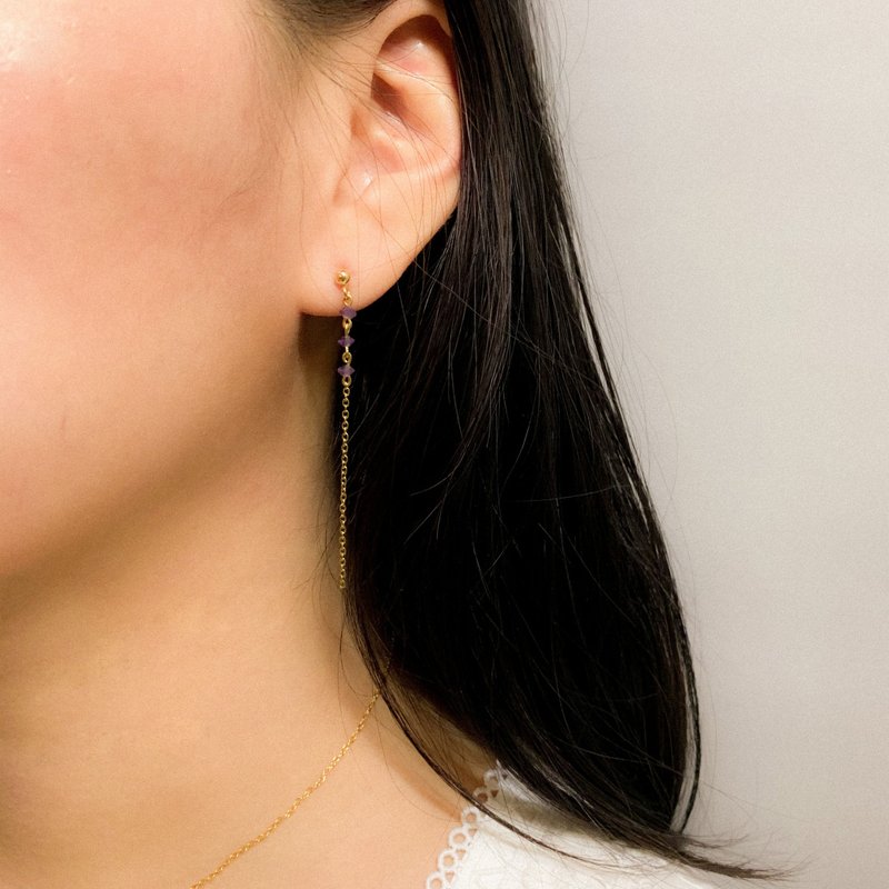 3色入 | 迷你切面紫水晶长链条耳环 - 耳环/耳夹 - 水晶 紫色