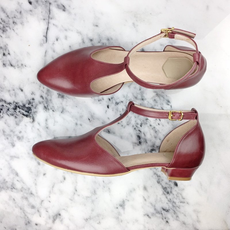 / 经典女孩系列 第3号 / ANNE/ 红发安妮 - T字低跟鞋-葡萄酒红 - 高跟鞋 - 真皮 红色
