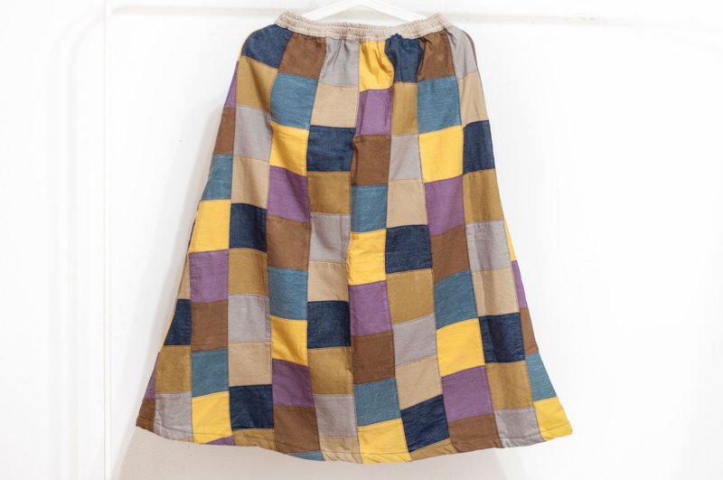 棉麻刺绣裙/民族风裙/色块棉麻裙skirt/手工拼布裙-咖啡方块拼布 - 裙子 - 棉．麻 多色