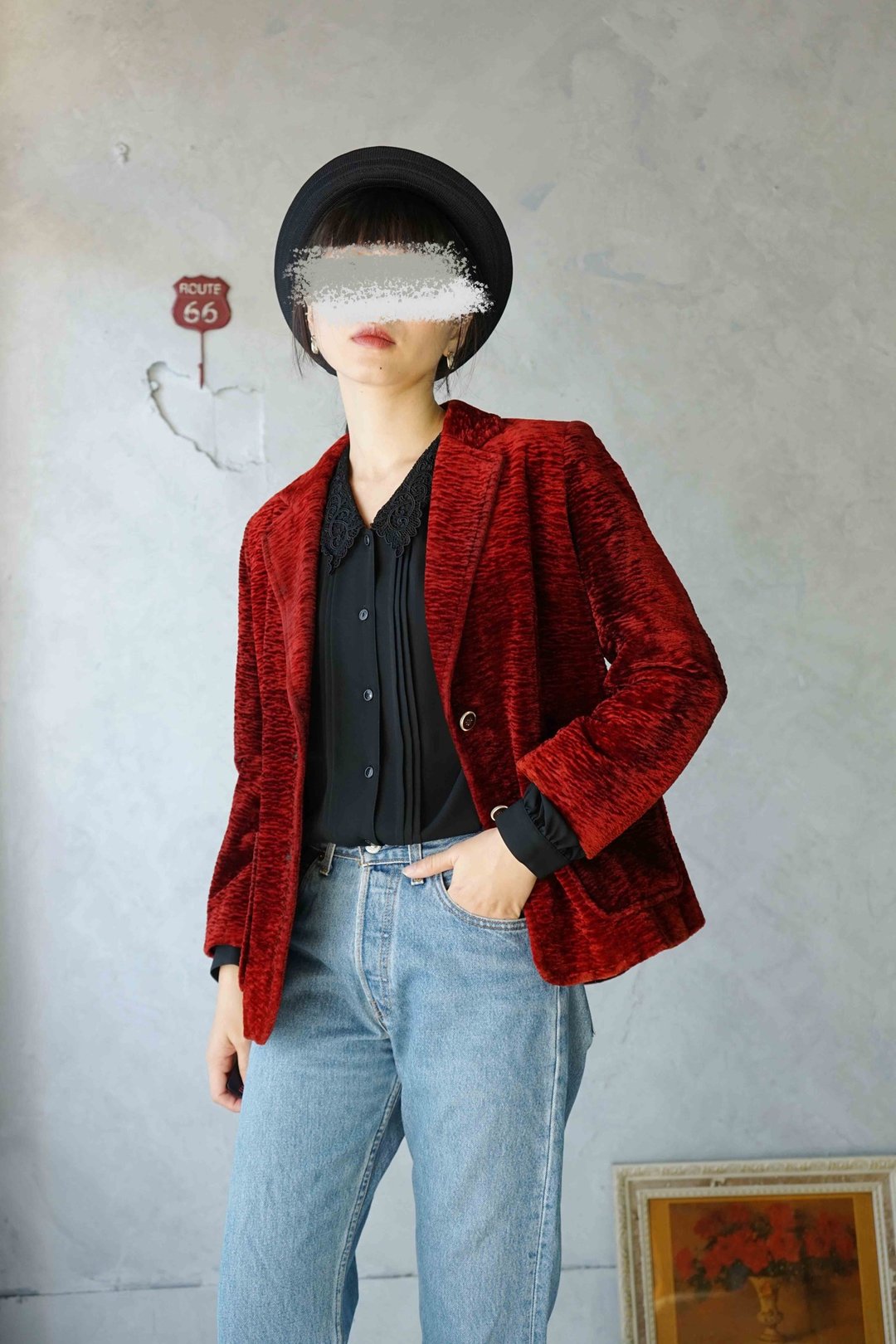寻宝古着-豹纹纹理热情红丝绒质感西装外套 - 女装西装外套/风衣 - 聚酯纤维 红色