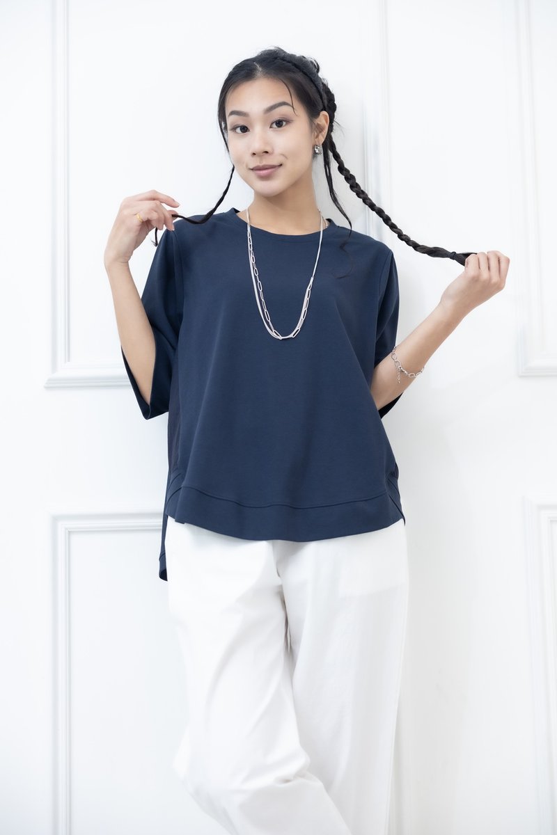 mlu mlu刺绣袖子短袖上衣 蓝色拼黑色 - 女装 T 恤 - 其他材质 蓝色