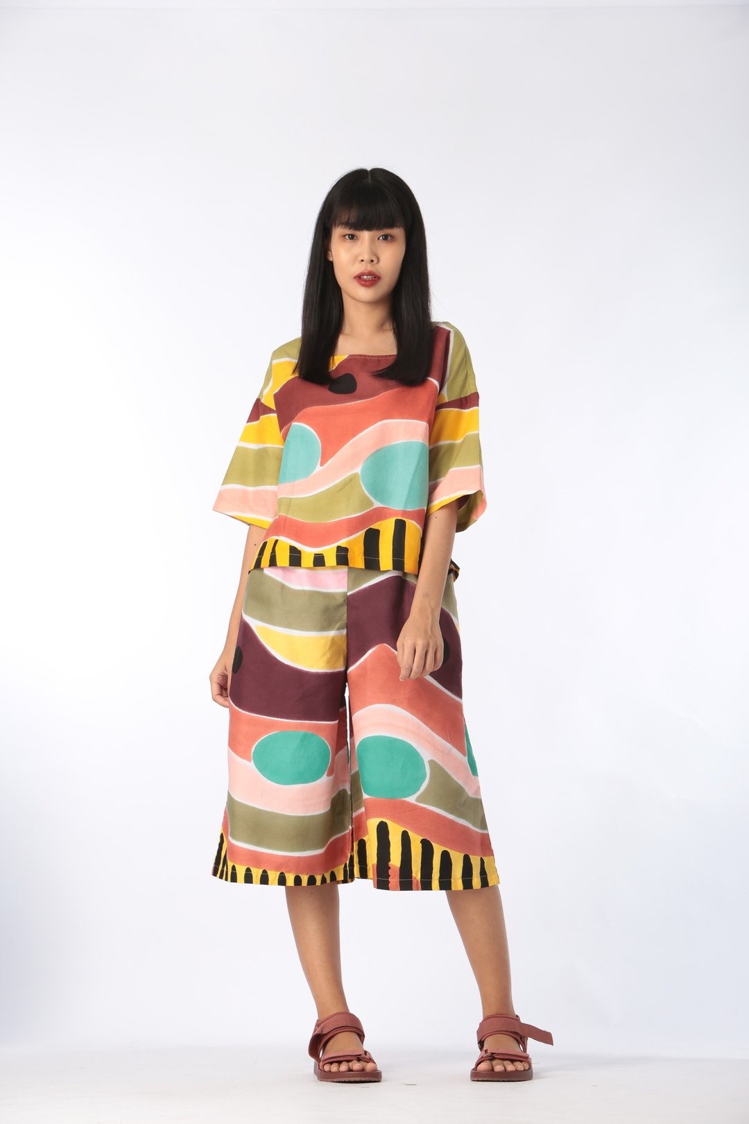 Short Pant Cotton Rayon Hand Paint Free Size For Summer Beac - 女装长裤 - 棉 咖啡色