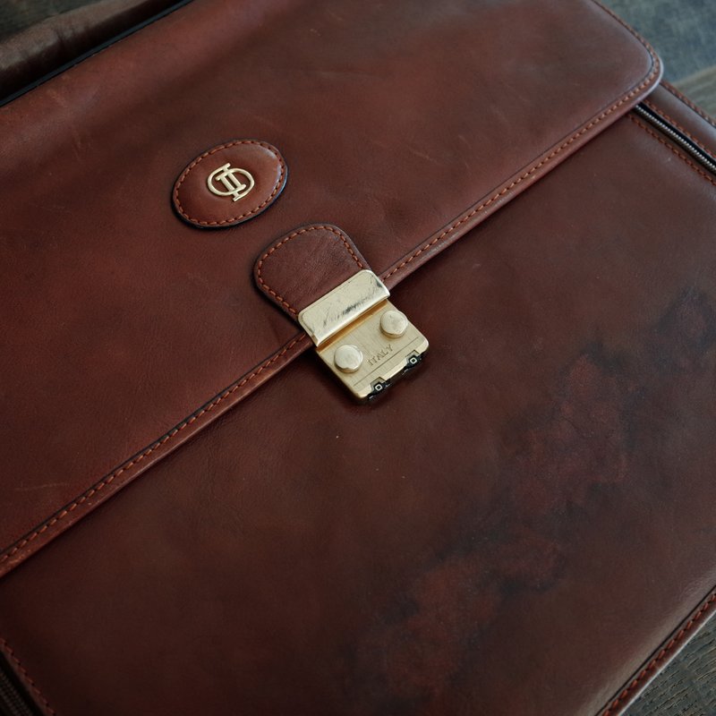 DD棕色//牛皮//手提//古董//公文包//多夹层//风琴夹 - 公文包/医生包 - 真皮 咖啡色