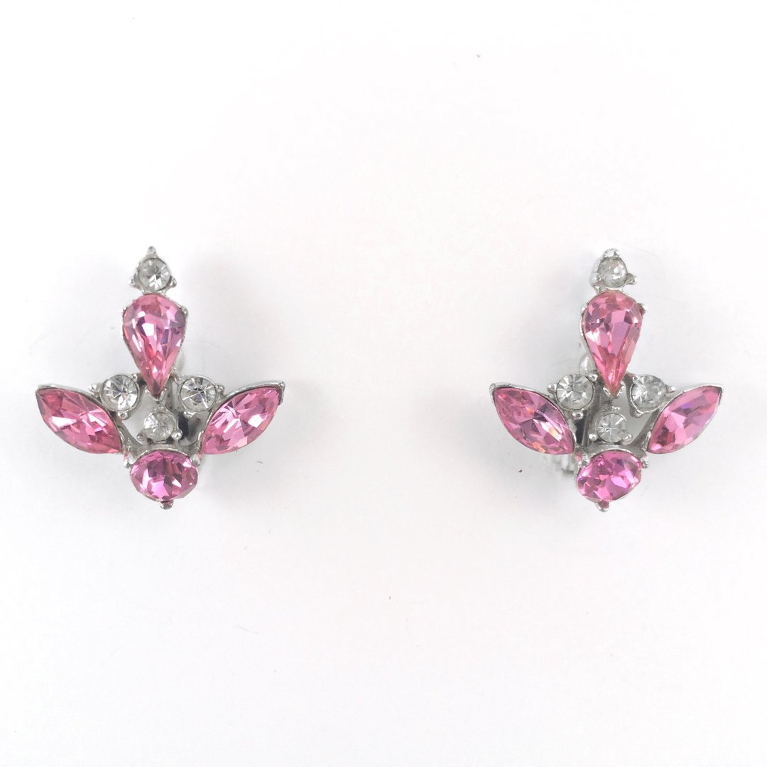 Vintage 50s Sparkle Rhinestone Clip On Earrings - 耳环/耳夹 - 贵金属 粉红色