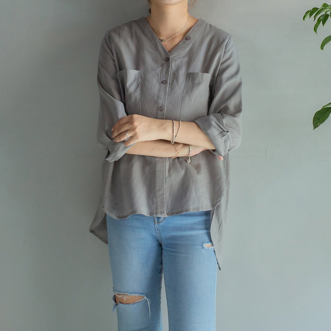 素面V领大口袋衬衫 灰 M L XL - 女装衬衫 - 棉 灰色