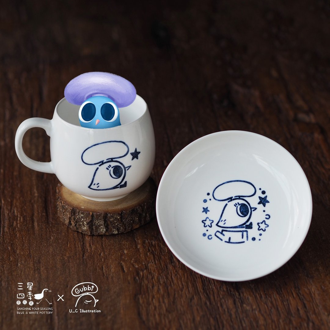 插画师青花瓷系列【U_C联名款】菇比小圆碟 圆咖啡杯 - 其他杯子 - 瓷 白色
