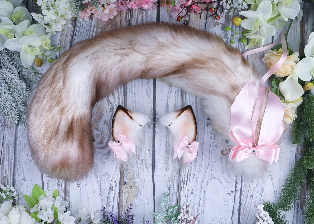 Ragdoll Kitten Ears and Tail Set Faux Fur Ears and Tail Set - 发饰 - 其他人造纤维 咖啡色