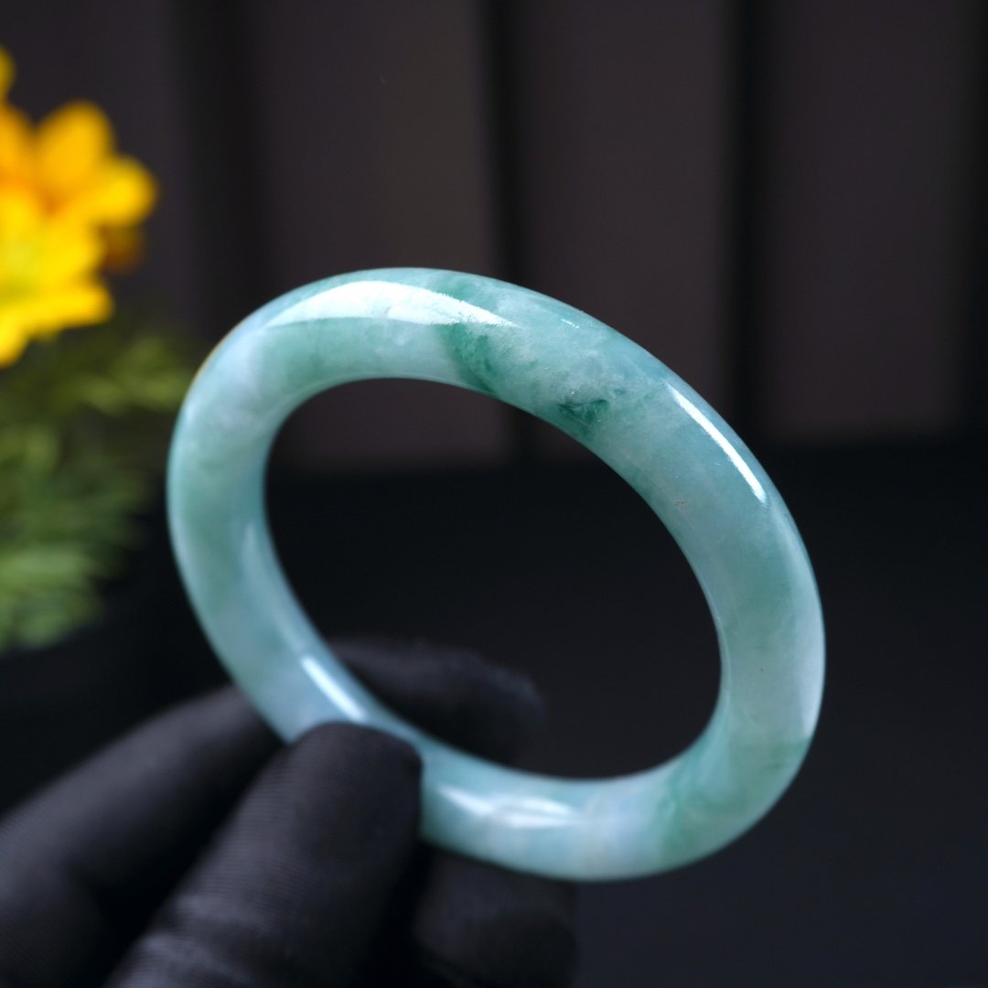 飘花翡翠圆骨镯手镯 | 18围 | 天然缅甸玉翡翠A货 | 送礼 - 手链/手环 - 玉石 绿色