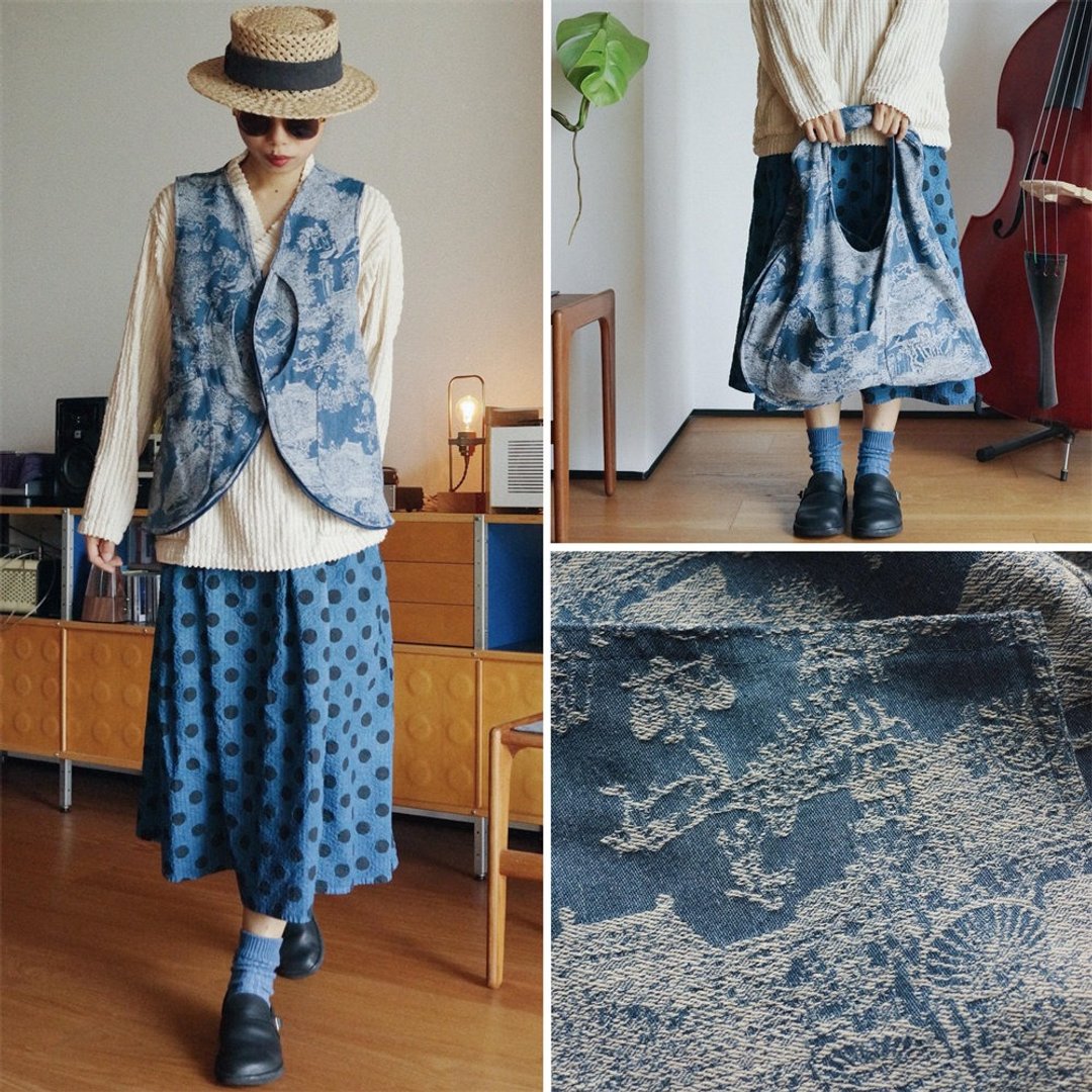 宋人樂活圖 水洗提花牛仔工裝馬甲 中性獵裝 可變成背包 - 女装背心 - 棉 蓝色