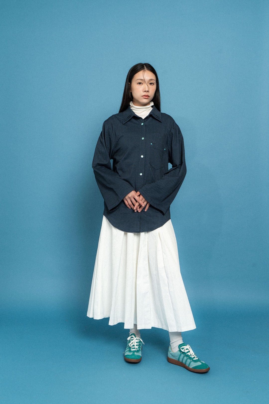 格纹棉质衬衫 Grid mid cotton shirt - 女装衬衫 - 棉 蓝色