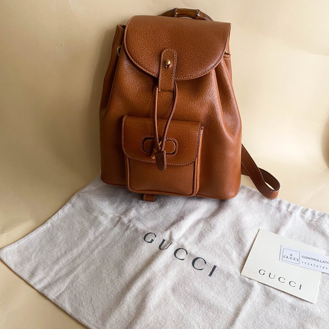 中古Gucci│背包│古着背囊│真皮│美国制│古董│女友礼物 - 后背包/双肩包 - 真皮 咖啡色