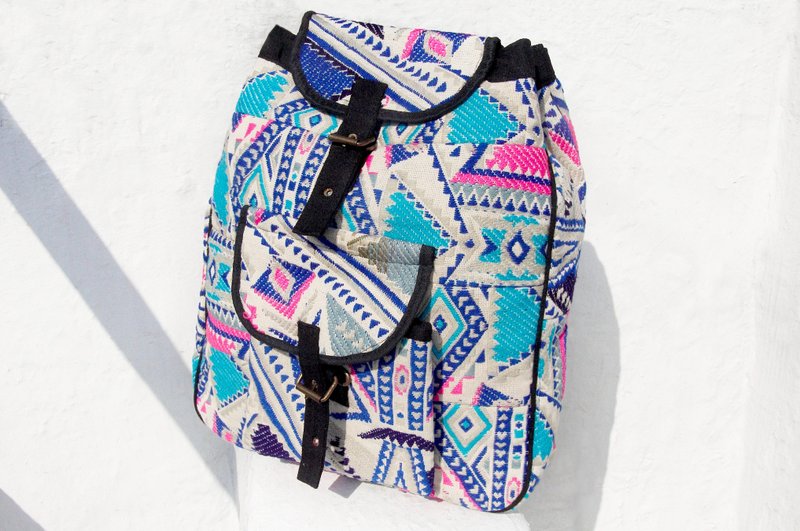 手工针织布拼接设计后背包 / 肩背包 / 民族后背包 / Boho民族图腾包 - 蓝色清真寺 撞色几何 民族后背包 - 后背包/双肩包 - 棉．麻 多色