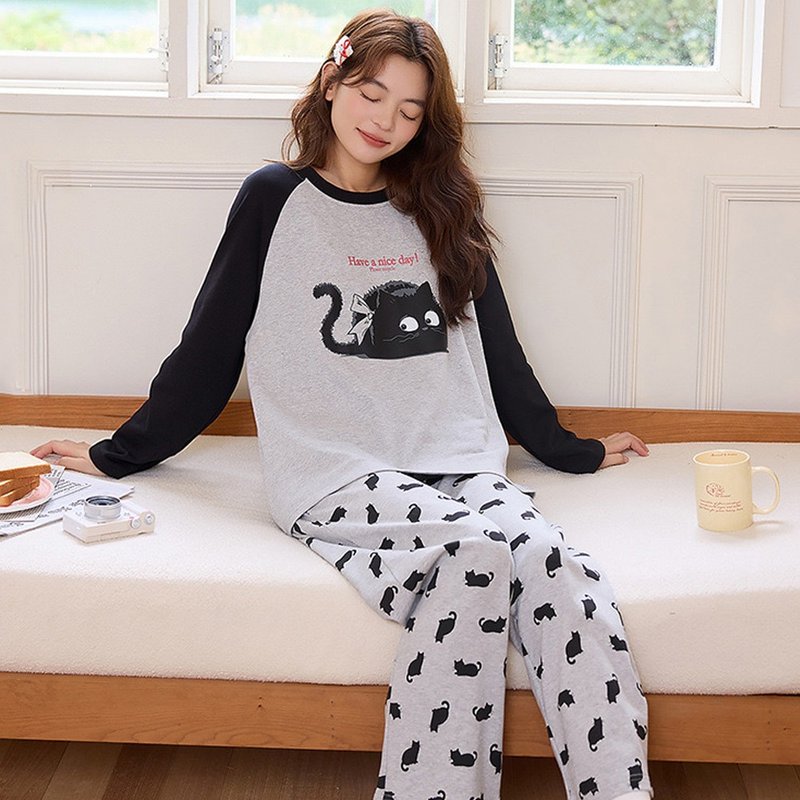 Pink Lady 罩杯式 煤球小猫 长袖成套睡衣 棉质秋冬两件式居家服 - 居家服/睡衣 - 其他人造纤维 灰色