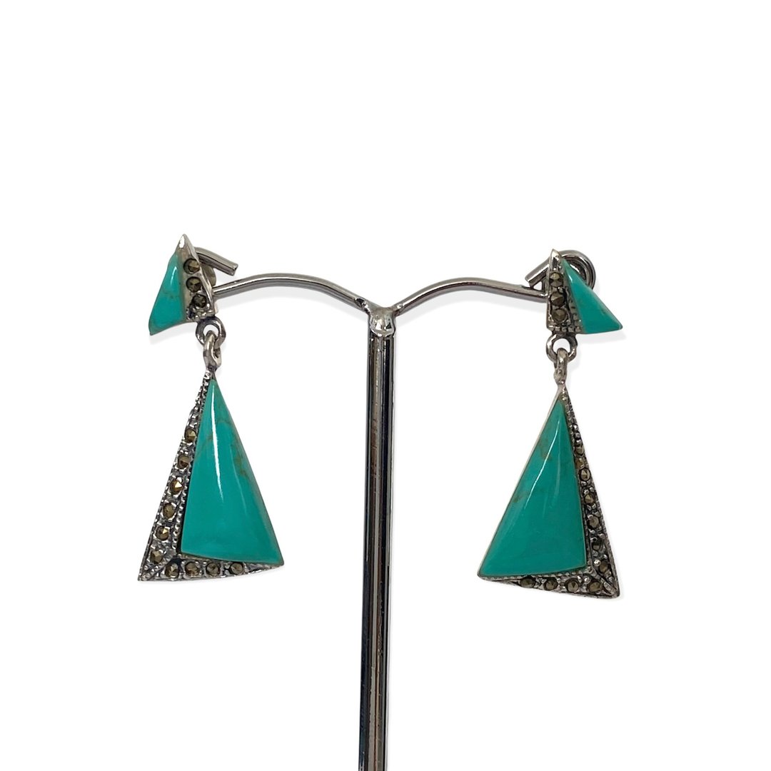 Art Deco Style Triangle Turquoise and Marcasite Earrings/Set 925 Sterling Silver - 耳环/耳夹 - 纯银 绿色