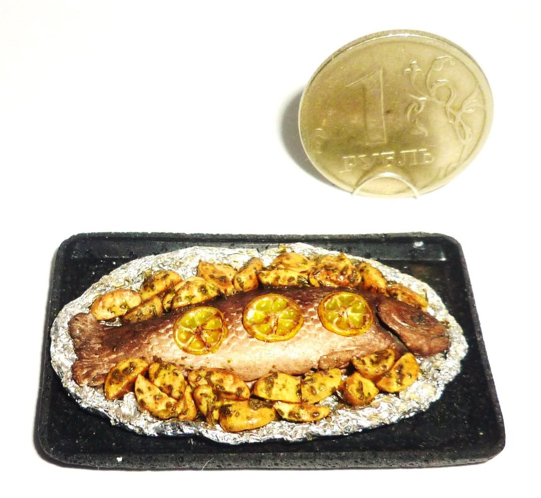 Dollhouse miniature 1:12 Tasty baked fish with potatoes!! - 玩具/玩偶 - 粘土 