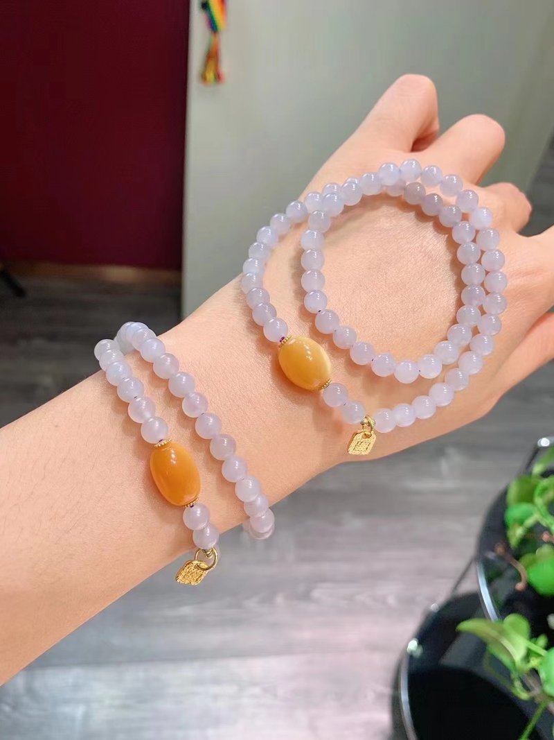 天然和田玉 /和阗玉 原矿烟紫玉 蜜蜡枣珠设计双圈手串fs - 手链/手环 - 宝石 紫色