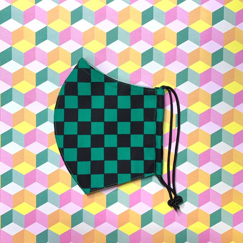 薄棉黑绿棋盘格立体3D布口罩 限量鬼灭款 可放医疗口罩 可放滤材 - 口罩 - 棉 绿色