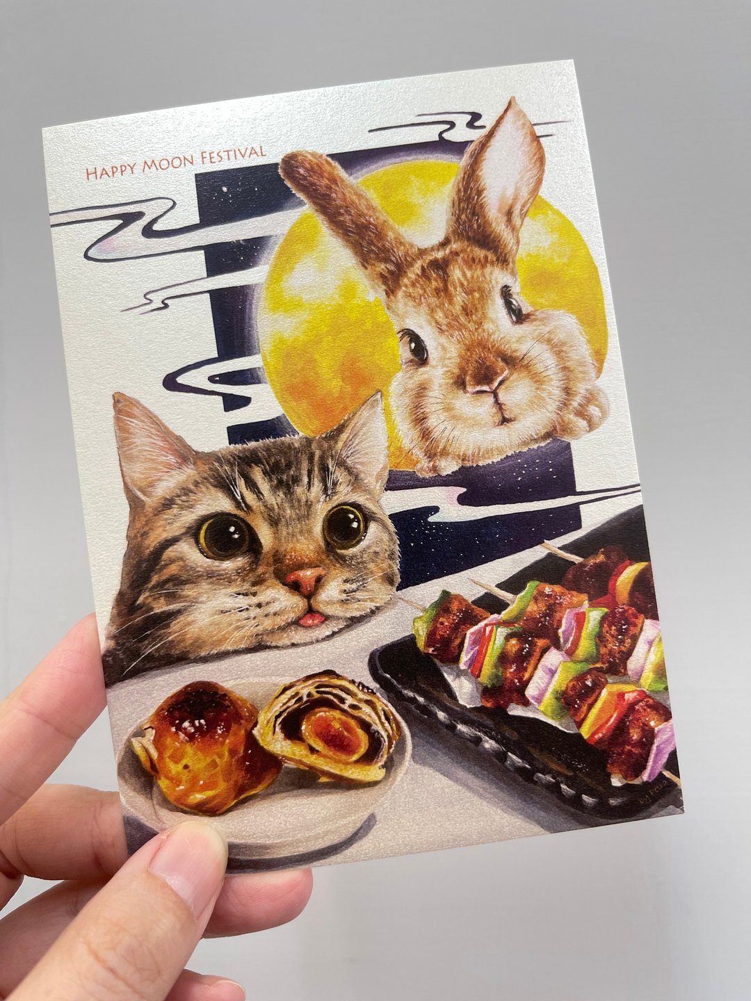 \ 假猫奴系列 / 猫猫与兔兔中秋祝福明信片 - 卡片/明信片 - 纸 