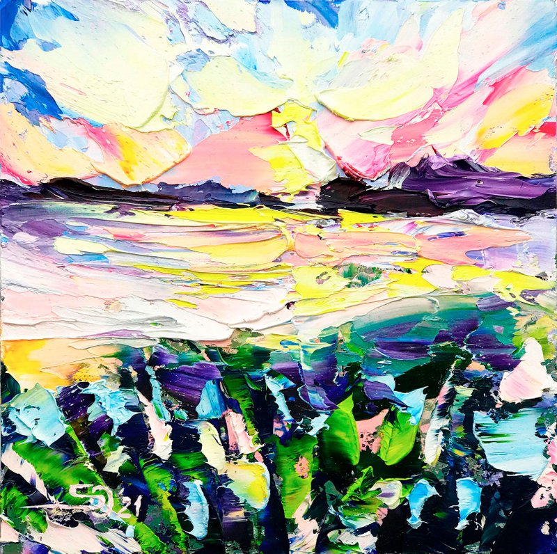 Sunset Painting Oil Original Art Mountain Wall Art Landscape Artwork Taiwan Art - 海报/装饰画/版画 - 其他材质 多色