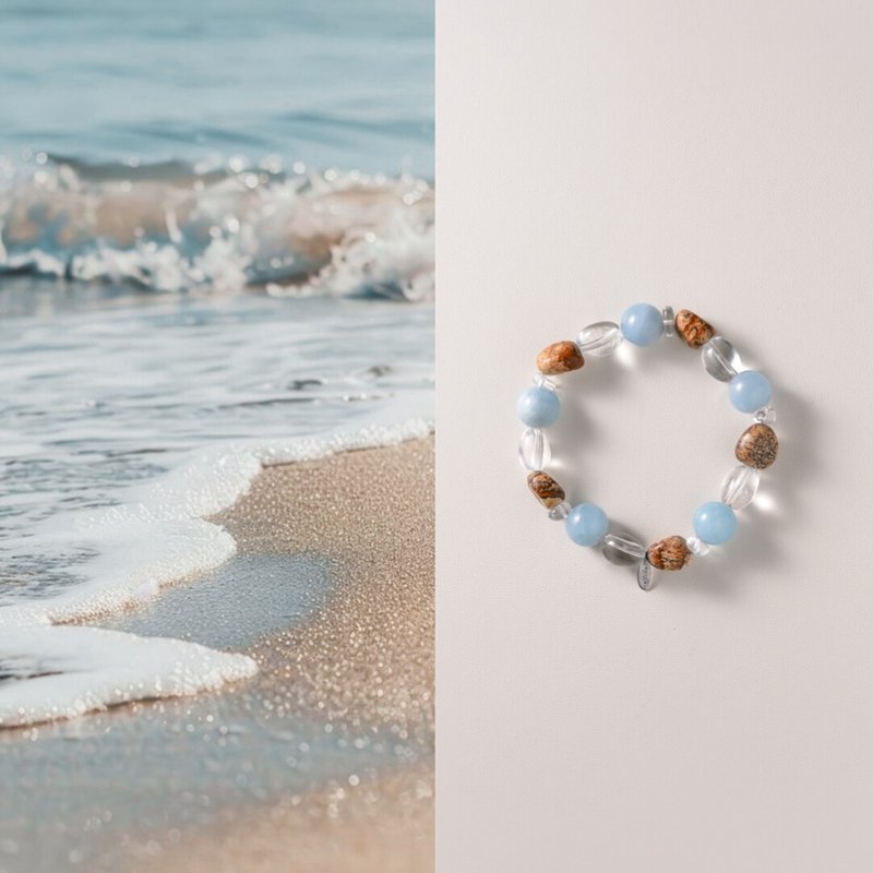 原创手工蓝屿迹天然海蓝宝白水晶手串图画石蓝色系设计手链礼物 - 手链/手环 - 玉石 蓝色