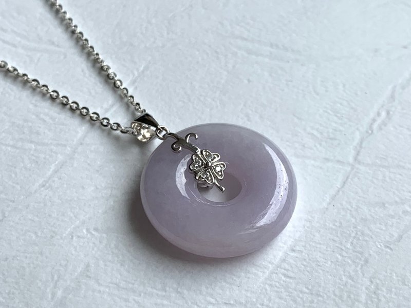 天然A货缅甸玉翡翠 紫罗兰平安扣 925银项链 18寸银链 粉嫩紫罗兰 - 项链 - 玉石 紫色