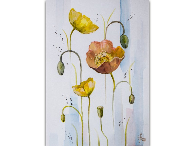 Poppy Painting Flower Original Art Minimalist Floral Watercolor Hand-Painted - 海报/装饰画/版画 - 纸 橘色