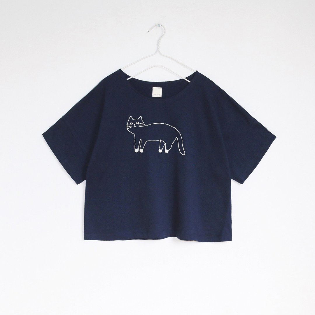 white socks cat t-shirt : navy - 女装 T 恤 - 棉 蓝色