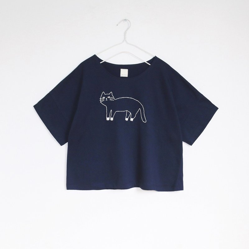 white socks cat t-shirt : navy - 女装 T 恤 - 棉．麻 蓝色