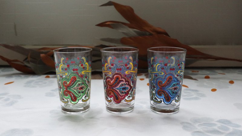 早期印花烈酒杯-佩斯里 (餐具/老件/旧物/玻璃/图花/变形虫) - 玻璃杯 - 玻璃 多色