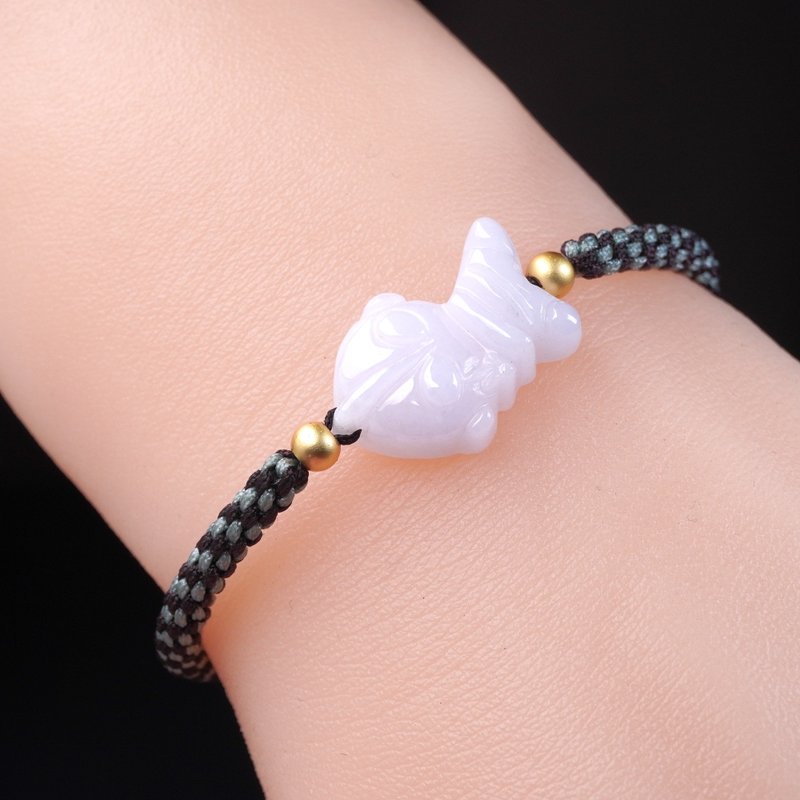 白翡翡翠咸蛋超人编织手链 | 天然缅甸玉A货翡翠 | 送礼 - 手链/手环 - 玉石 白色