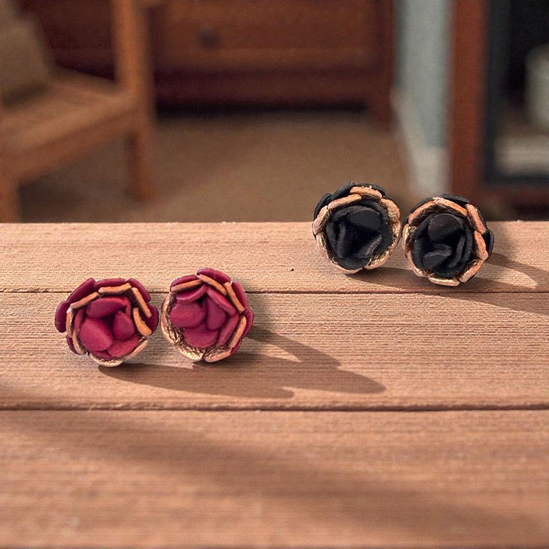 皮革花耳环 小牡丹耳环 - 摆饰 - 真皮 多色