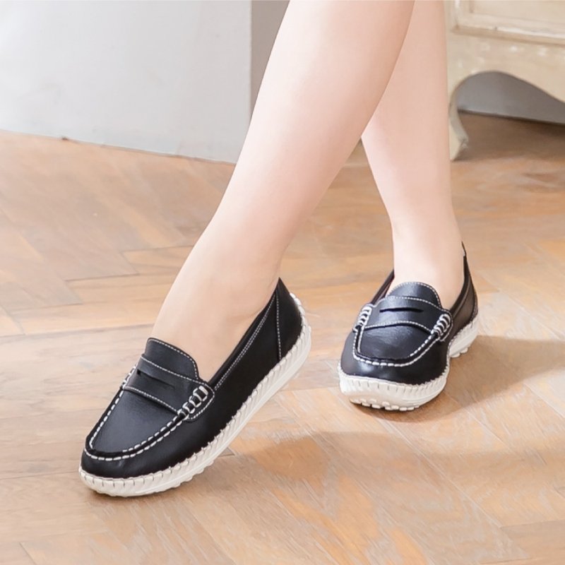 真皮懒人乐福磁石厚底气垫球囊鞋(百搭黑) - 女款牛津鞋/乐福鞋 - 真皮 黑色